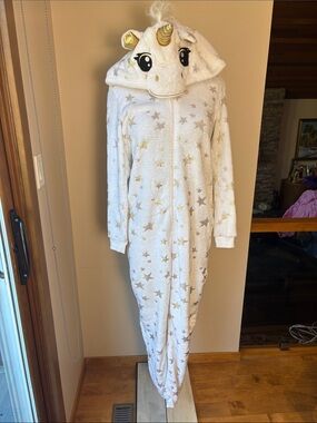 Unicorn Hooded Onesie Pajama - White with Gold Stars